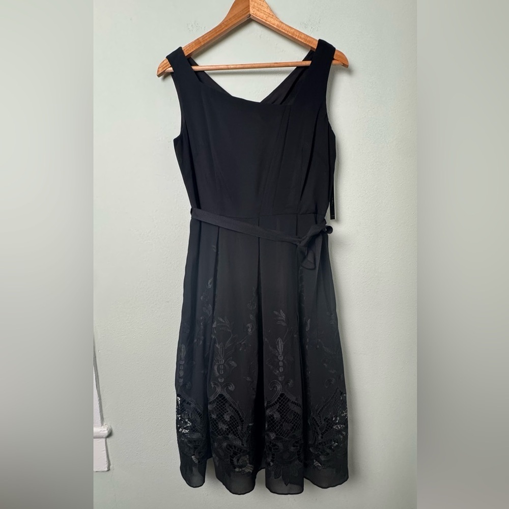 NWT Tahari ASL Black Sleeveless Openwork Chiffon Belted Bow‎ A-Line Tea Dress 8P - Picture 2 of 13